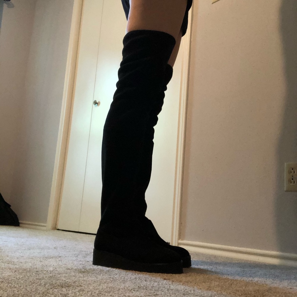 Flatform thigh-high black suede boots